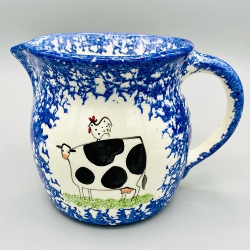 Molly Dallas Spatterware Pitcher 5” Cow Chicken Folk Art Country Creamer Gravy